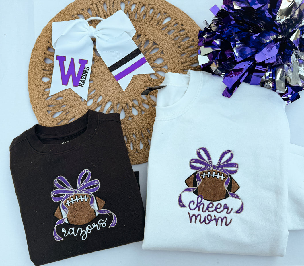 Football with bow  **crewneck 6mo - 3Xl**